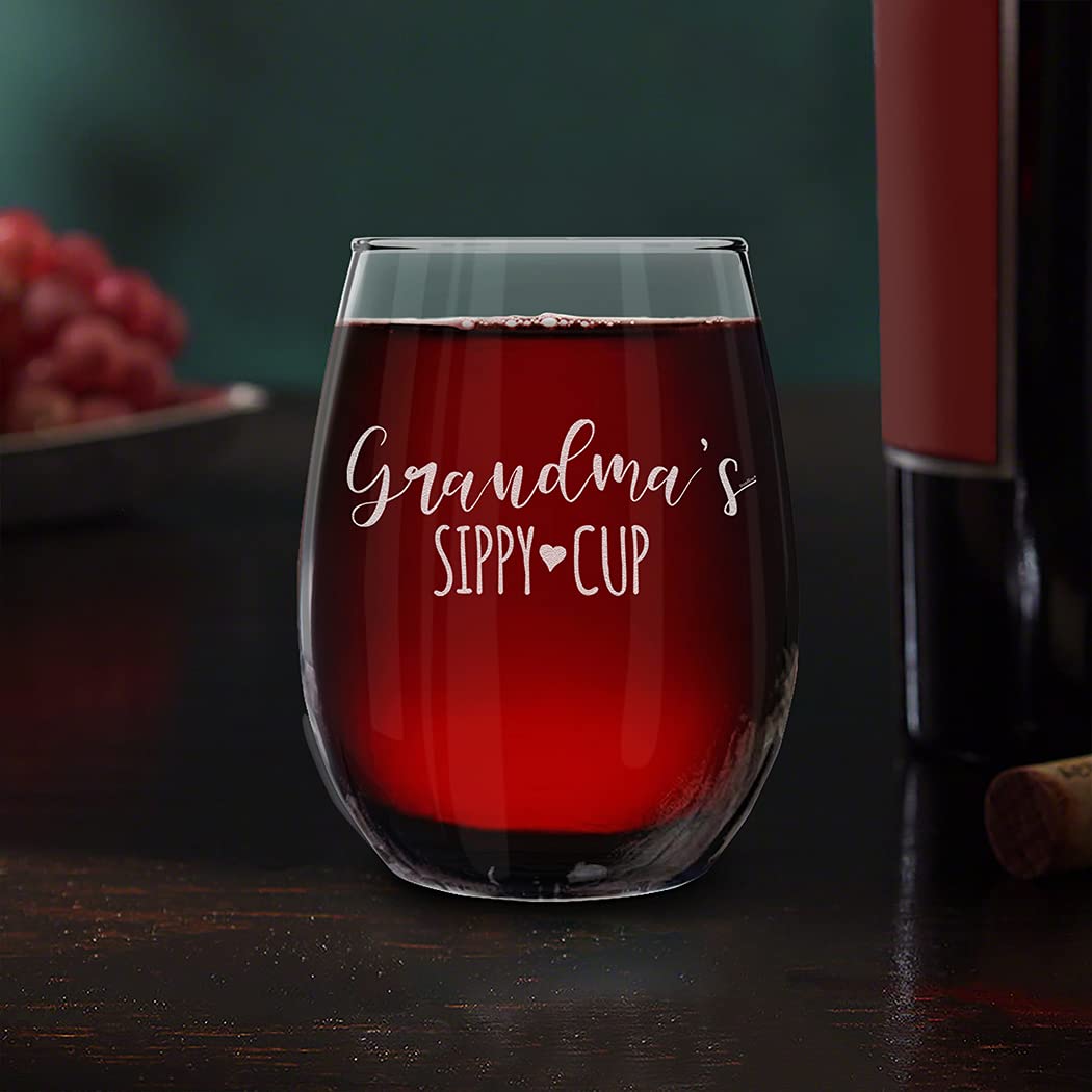 shop4ever Grandma's Sippy Cup Engraved Stemless Wine Glass 15 oz. Mother's Day Gift for Grandmother