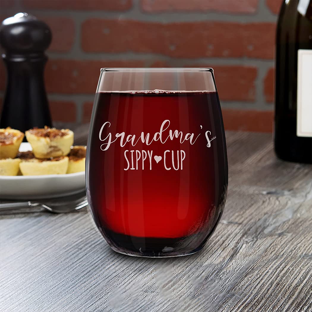 shop4ever Grandma's Sippy Cup Engraved Stemless Wine Glass 15 oz. Mother's Day Gift for Grandmother