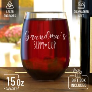 shop4ever Grandma's Sippy Cup Engraved Stemless Wine Glass 15 oz. Mother's Day Gift for Grandmother