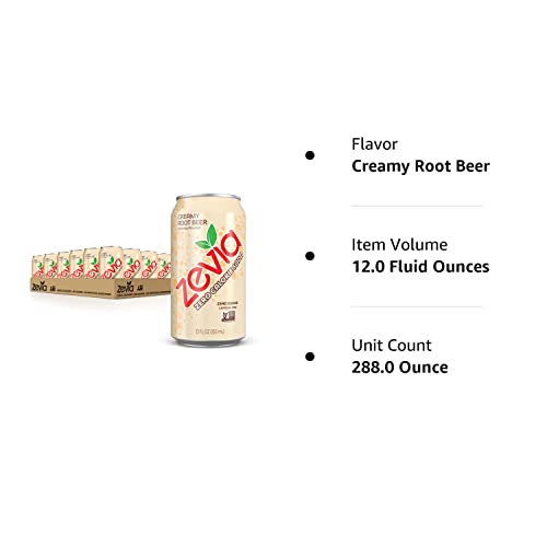 Zevia Zero Calorie Soda, Creamy Root Beer, 12 Ounce Cans (Pack of 24)