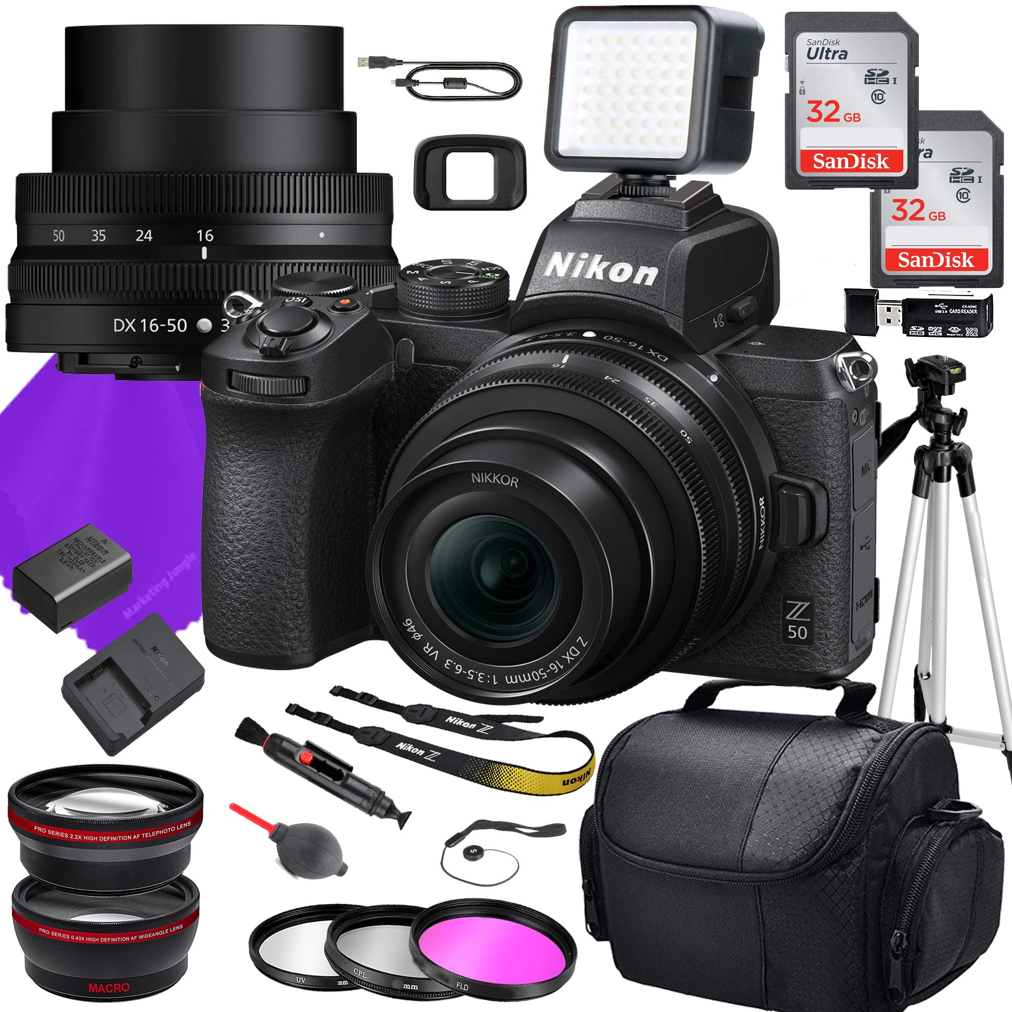 Nikon Intl. Nikon Z50 DX Mirrorless Camera with NIKKOR Z DX 16-50mm f3.5-6.3 VR Lens + 64GB Memory + Tripod + Accessory Bundle (22 Total Pieces), Black