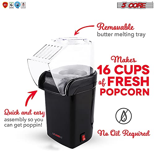 5 Core Hot Air Popcorn Popper 1200W Electric Popcorn Machine Kernel Corn Maker, Bpa Free, 16 Cups, 95% Popping Rate, 3 Minutes Fast, No Oil Healthy Snack for Kids Adults, Home, Party & Gift POP B