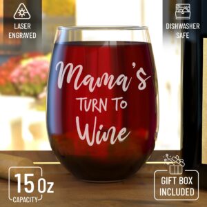 shop4ever Mama's Turn To Wine Engraved Stemless Wine Glass 15 oz. Funny Gift for Mom