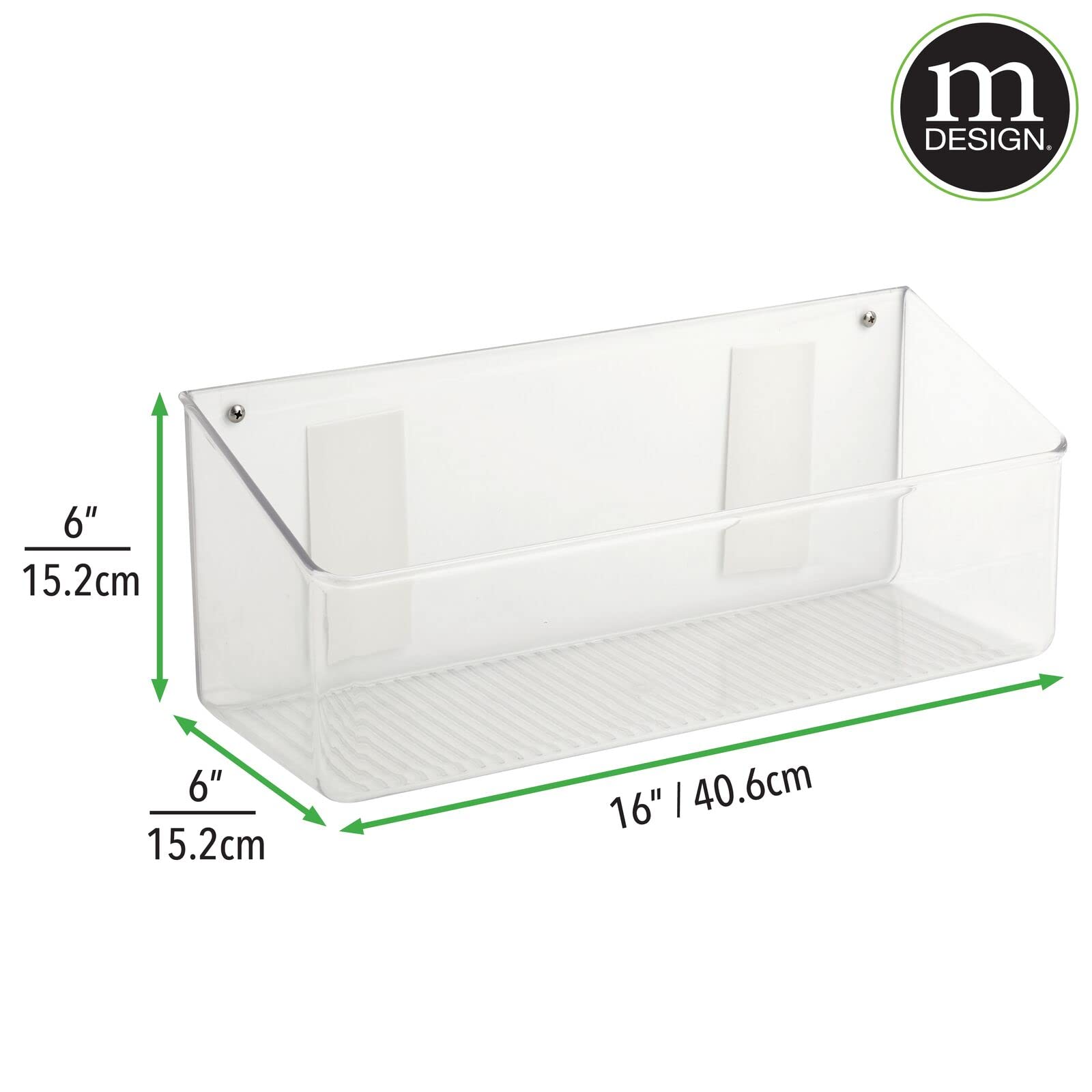 mDesign Wall Mount Plastic Home Storage Organizer Tray Basket with Self-Adhesive Tape - Hanging Bin Shelf for Walls/Doors in Entryway, Mudroom, Bedroom, Bathroom, Office, Laundry, 16" Wide, Clear