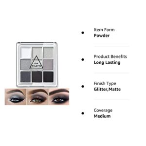 MAEPEOR Black Grey Smokey Eyeshadow Palette 9 Colors Cool Toned Matte Glitter Eyeshadow Palette Longlasting Waterproof Smoky Eye Shadow for Girls and Women (Set 1, Black Grey)