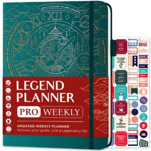 legend planner pro – deluxe weekly & monthly life planner to increase productivity and hit your goals. time management organizer notebook – undated – 7 x 10" hardcover + stickers – dark teal