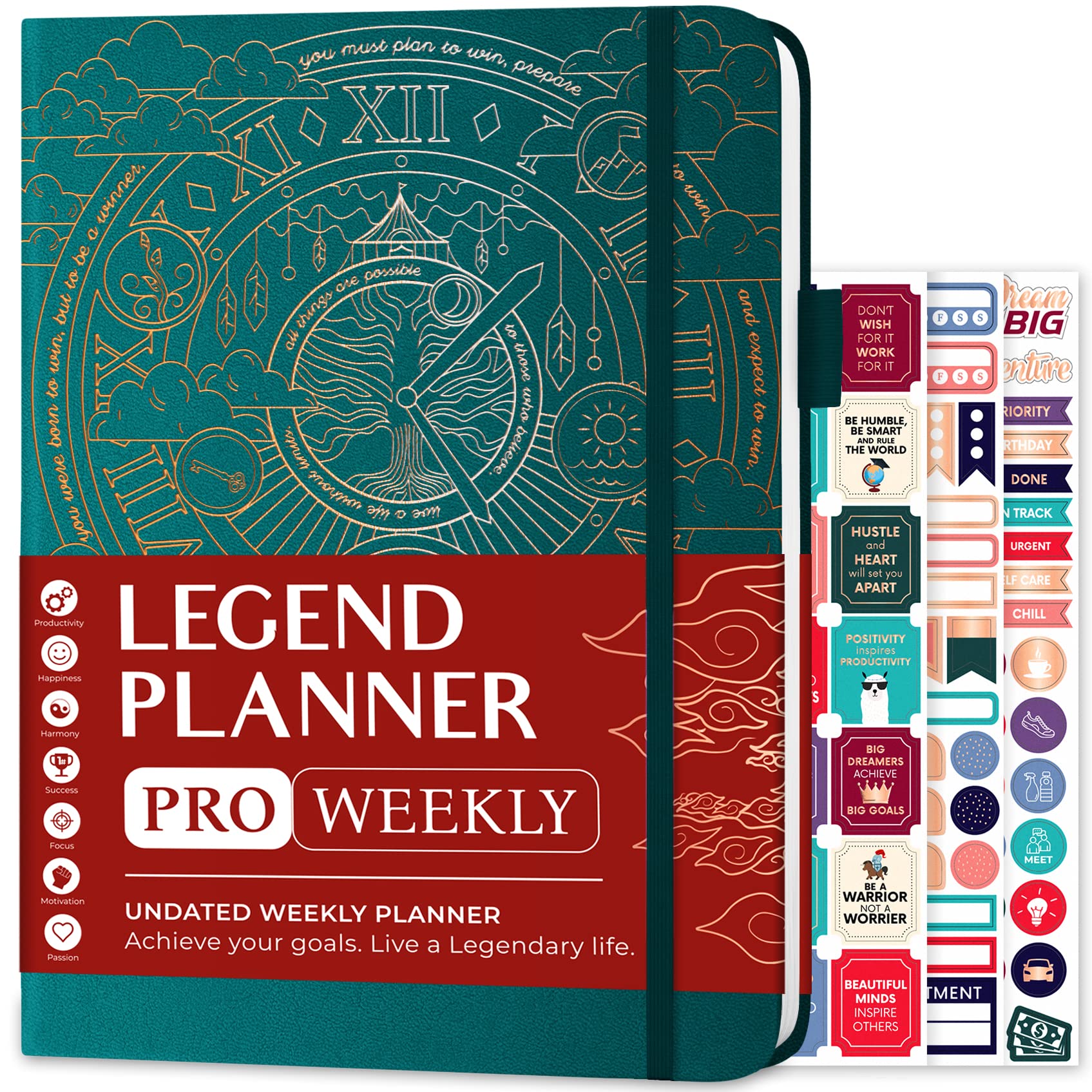 Legend Planner PRO – Deluxe Weekly & Monthly Life Planner to Increase Productivity and Hit Your Goals. Time Management Organizer Notebook – Undated – 7 x 10" Hardcover + Stickers – Dark Teal