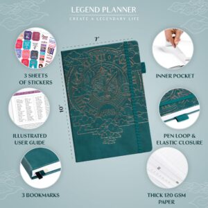 Legend Planner PRO – Deluxe Weekly & Monthly Life Planner to Increase Productivity and Hit Your Goals. Time Management Organizer Notebook – Undated – 7 x 10" Hardcover + Stickers – Dark Teal