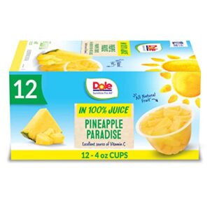dole pineapple paradise pineapple tidbits in a blend of 100% fruit juices snacks, 4oz 12 total cups, gluten & dairy free, bulk lunch snacks for kids & adults