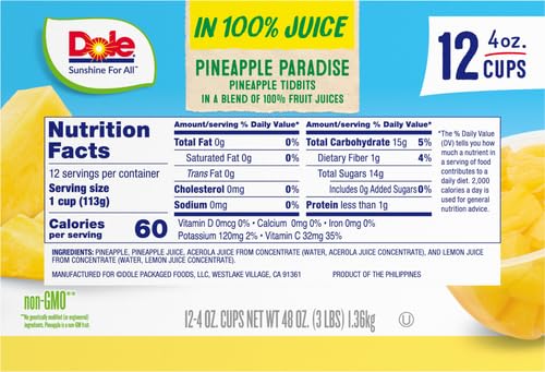 Dole Pineapple Paradise Pineapple Tidbits in a Blend of 100% Fruit Juices Snacks, 4oz 12 Total Cups, Gluten & Dairy Free, Bulk Lunch Snacks for Kids & Adults