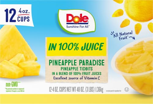 Dole Pineapple Paradise Pineapple Tidbits in a Blend of 100% Fruit Juices Snacks, 4oz 12 Total Cups, Gluten & Dairy Free, Bulk Lunch Snacks for Kids & Adults