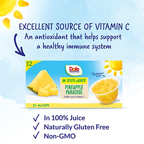 Dole Pineapple Paradise Pineapple Tidbits in a Blend of 100% Fruit Juices Snacks, 4oz 12 Total Cups, Gluten & Dairy Free, Bulk Lunch Snacks for Kids & Adults