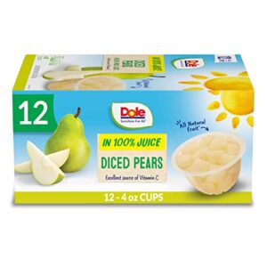 dole fruit bowls diced pears in 100% fruit juice snacks, 4oz 12 total cups, gluten & dairy free, bulk lunch snacks for kids & adults