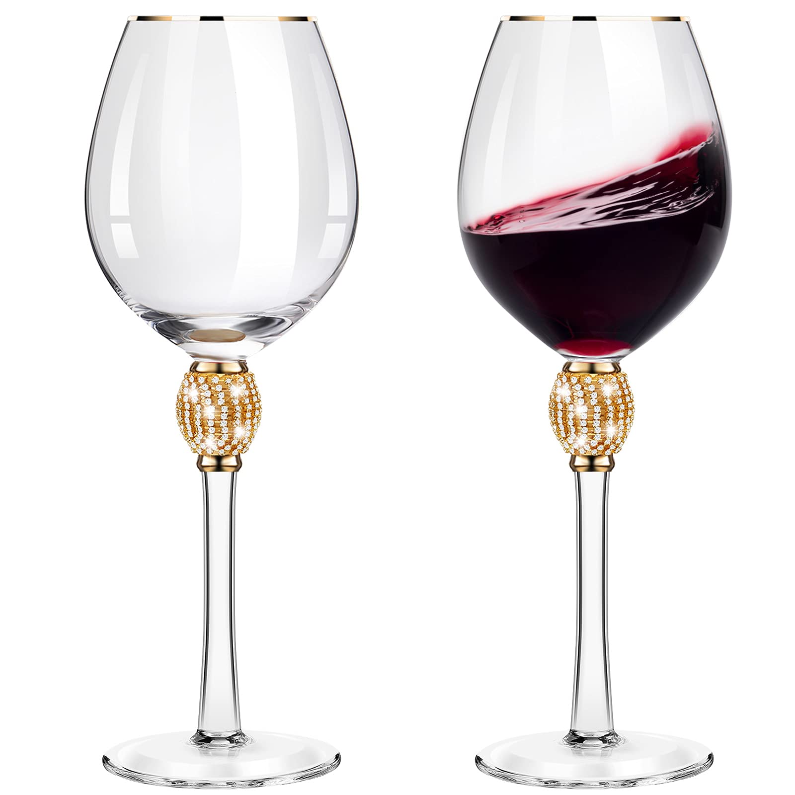 Patelai 2 Pieces Rhinestone Red Wine Valentine's Day Glass with Rim Tulip Shaped Diamond Wine Glasses Long Stem Glassware for Wedding, Parties, Anniversary