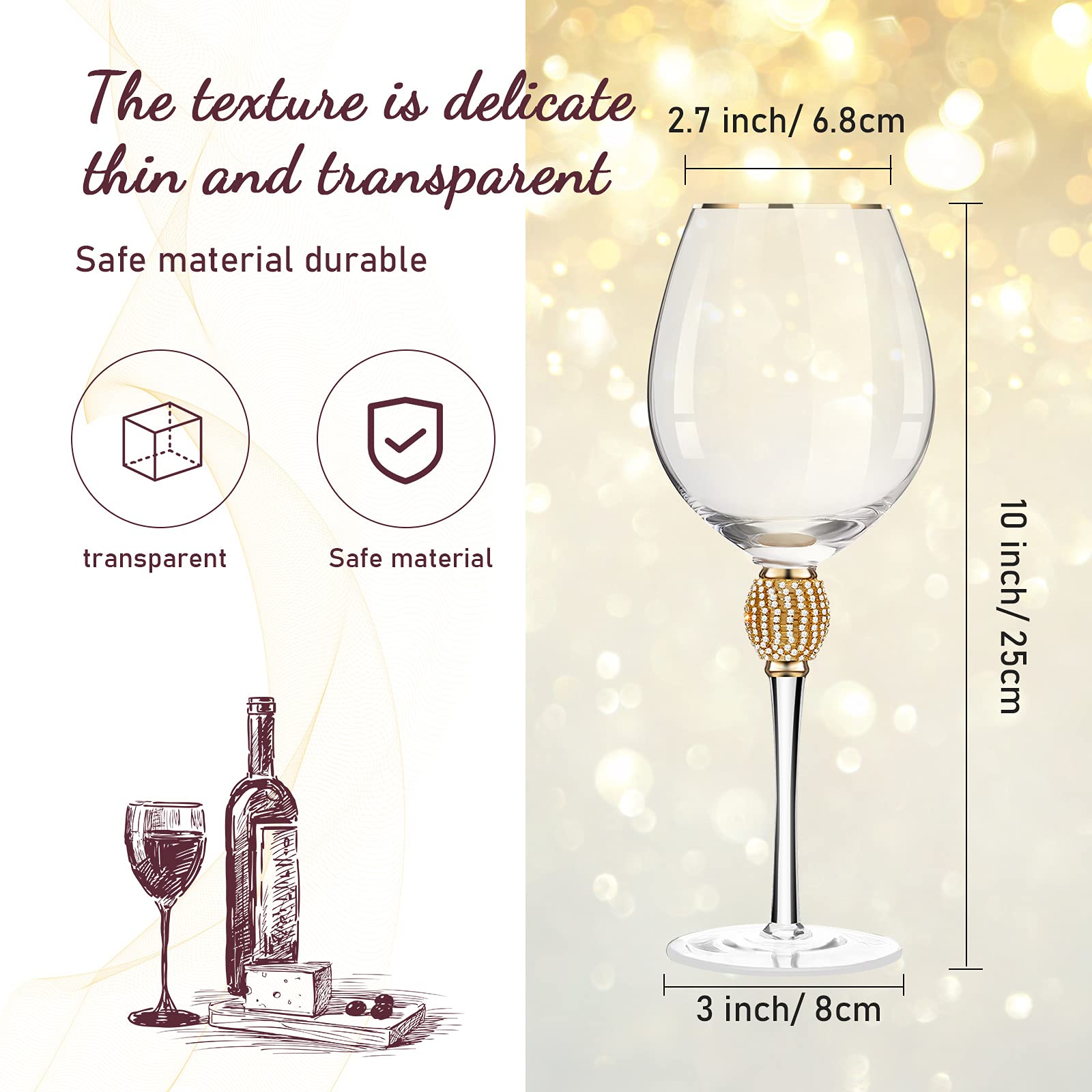 Patelai 2 Pieces Rhinestone Red Wine Valentine's Day Glass with Rim Tulip Shaped Diamond Wine Glasses Long Stem Glassware for Wedding, Parties, Anniversary