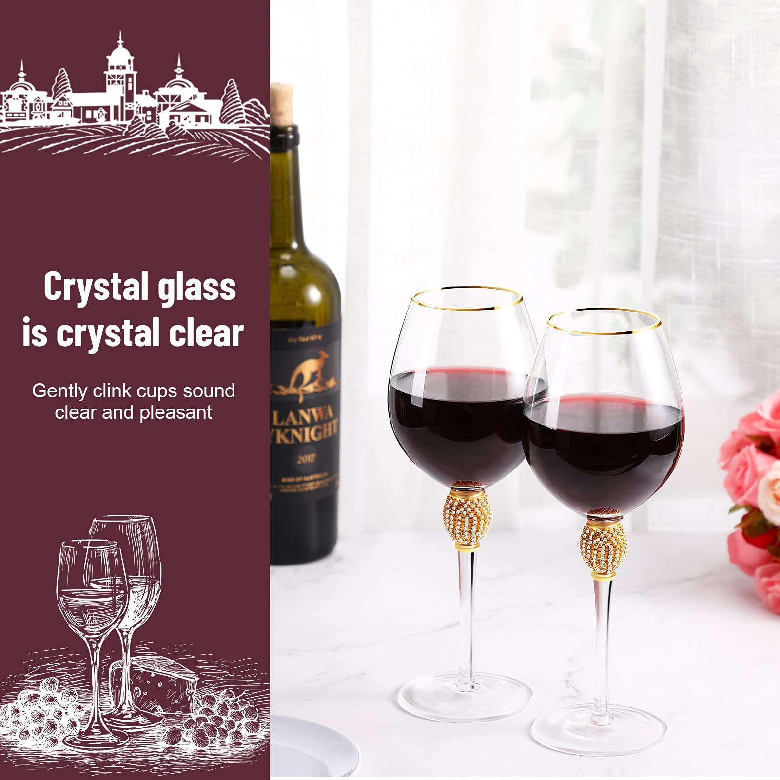 Patelai 2 Pieces Rhinestone Red Wine Valentine's Day Glass with Rim Tulip Shaped Diamond Wine Glasses Long Stem Glassware for Wedding, Parties, Anniversary