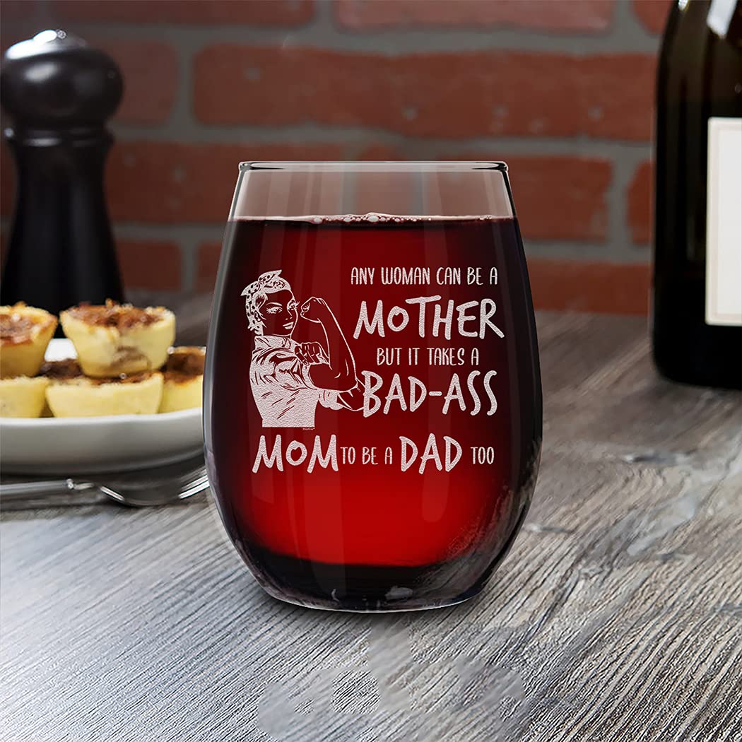 shop4ever Any Woman Can Be a Mother But It Takes a Mom To Be a Dad Too Engraved Stemless Wine Glass 15 oz. Mother's Day Gift