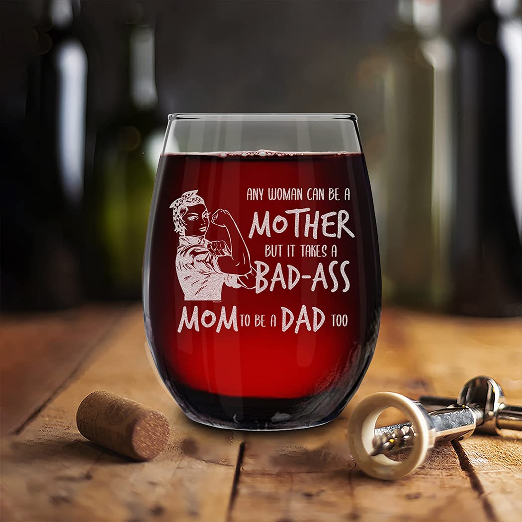 shop4ever Any Woman Can Be a Mother But It Takes a Mom To Be a Dad Too Engraved Stemless Wine Glass 15 oz. Mother's Day Gift