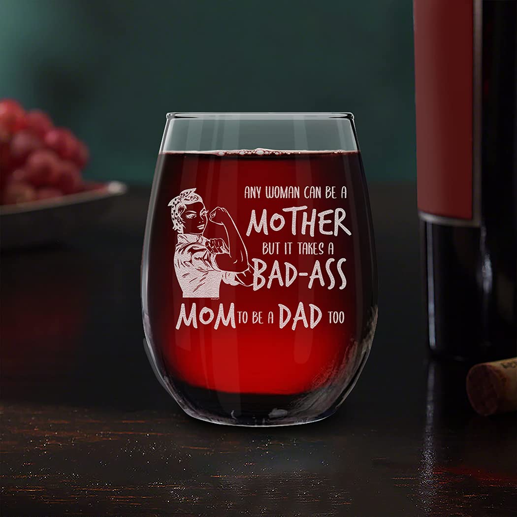 shop4ever Any Woman Can Be a Mother But It Takes a Mom To Be a Dad Too Engraved Stemless Wine Glass 15 oz. Mother's Day Gift