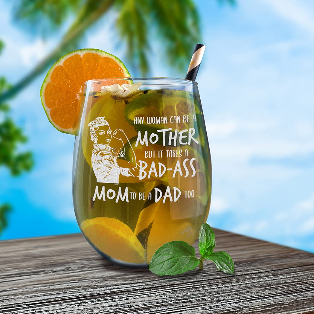 shop4ever Any Woman Can Be a Mother But It Takes a Mom To Be a Dad Too Engraved Stemless Wine Glass 15 oz. Mother's Day Gift