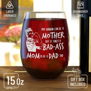 shop4ever Any Woman Can Be a Mother But It Takes a Mom To Be a Dad Too Engraved Stemless Wine Glass 15 oz. Mother's Day Gift