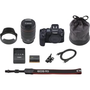 Canon EOS R5 Mirrorless Digital Camera with 24-105mm f/4L Lens (4147C013) + 64GB Memory Card + Case + Corel Photo Software + 2 x LPE6 Battery + External Charger + Card Reader + Light + More (Renewed)