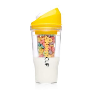 crunchcup xl yellow - portable plastic cereal cups for breakfast on the go, to go cereal and milk container for your favorite breakfast cereals, no spoon or bowl required