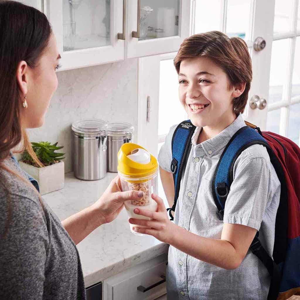 CRUNCHCUP XL Yellow - Portable Plastic Cereal Cups for Breakfast On the Go, To Go Cereal and Milk Container for your favorite Breakfast Cereals, No Spoon or Bowl Required