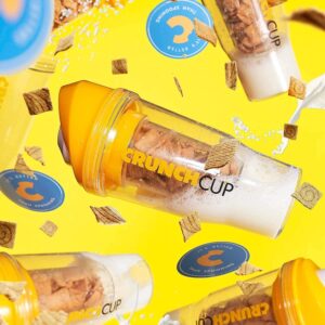 CRUNCHCUP XL Yellow - Portable Plastic Cereal Cups for Breakfast On the Go, To Go Cereal and Milk Container for your favorite Breakfast Cereals, No Spoon or Bowl Required