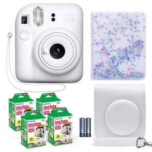 Fujifilm Instax Mini 12 Instant Camera Clay White + Fuji Film Value Pack (40 Sheets) + Shutter Accessories Bundle, Incl. Compatible Carrying Case, Quicksand Beads Photo Album 64 Pockets