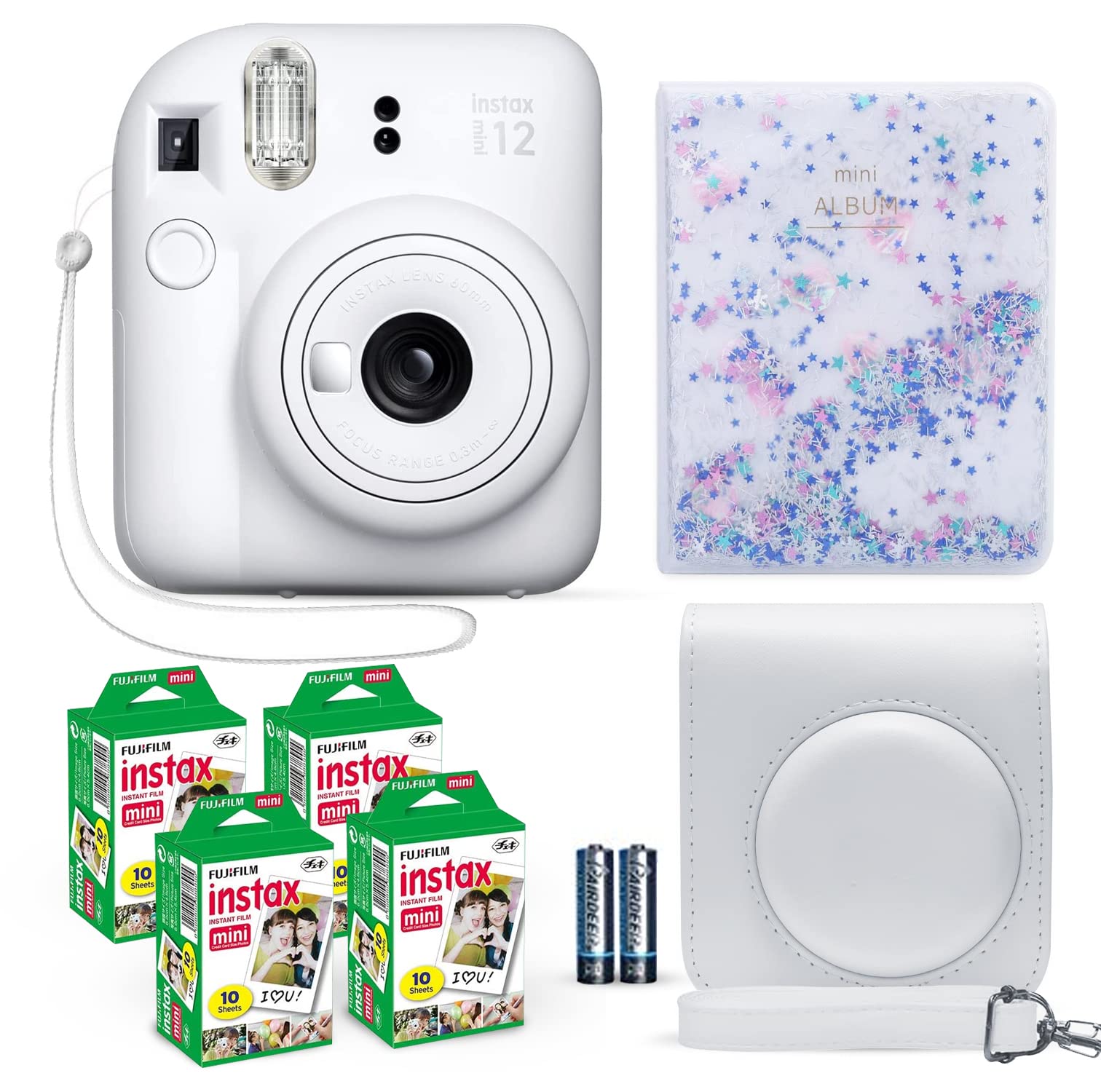 Fujifilm Instax Mini 12 Instant Camera Clay White + Fuji Film Value Pack (40 Sheets) + Shutter Accessories Bundle, Incl. Compatible Carrying Case, Quicksand Beads Photo Album 64 Pockets