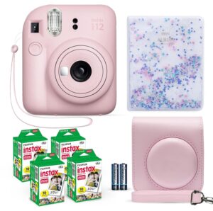 fujifilm instax mini 12 instant camera blossom pink + fuji film value pack (40 sheets) + shutter accessories bundle, incl. compatible carrying case, quicksand beads photo album 64 pockets