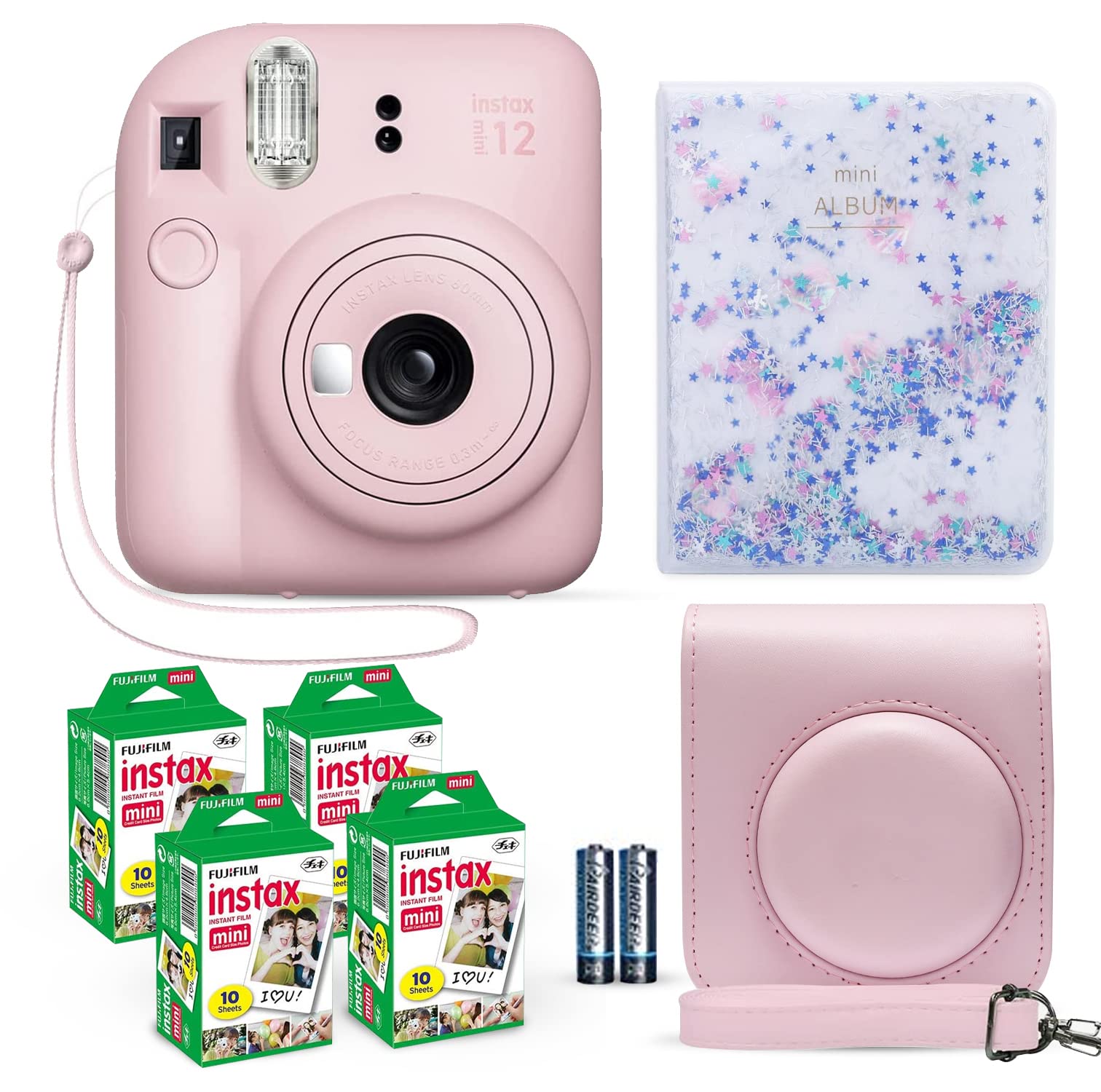 Fujifilm Instax Mini 12 Instant Camera Blossom Pink + Fuji Film Value Pack (40 Sheets) + Shutter Accessories Bundle, Incl. Compatible Carrying Case, Quicksand Beads Photo Album 64 Pockets