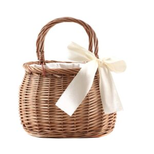 lioobo rattan woven bag with bow, boho style beach bag flower basket - straw bags handle wicker baskets handbags