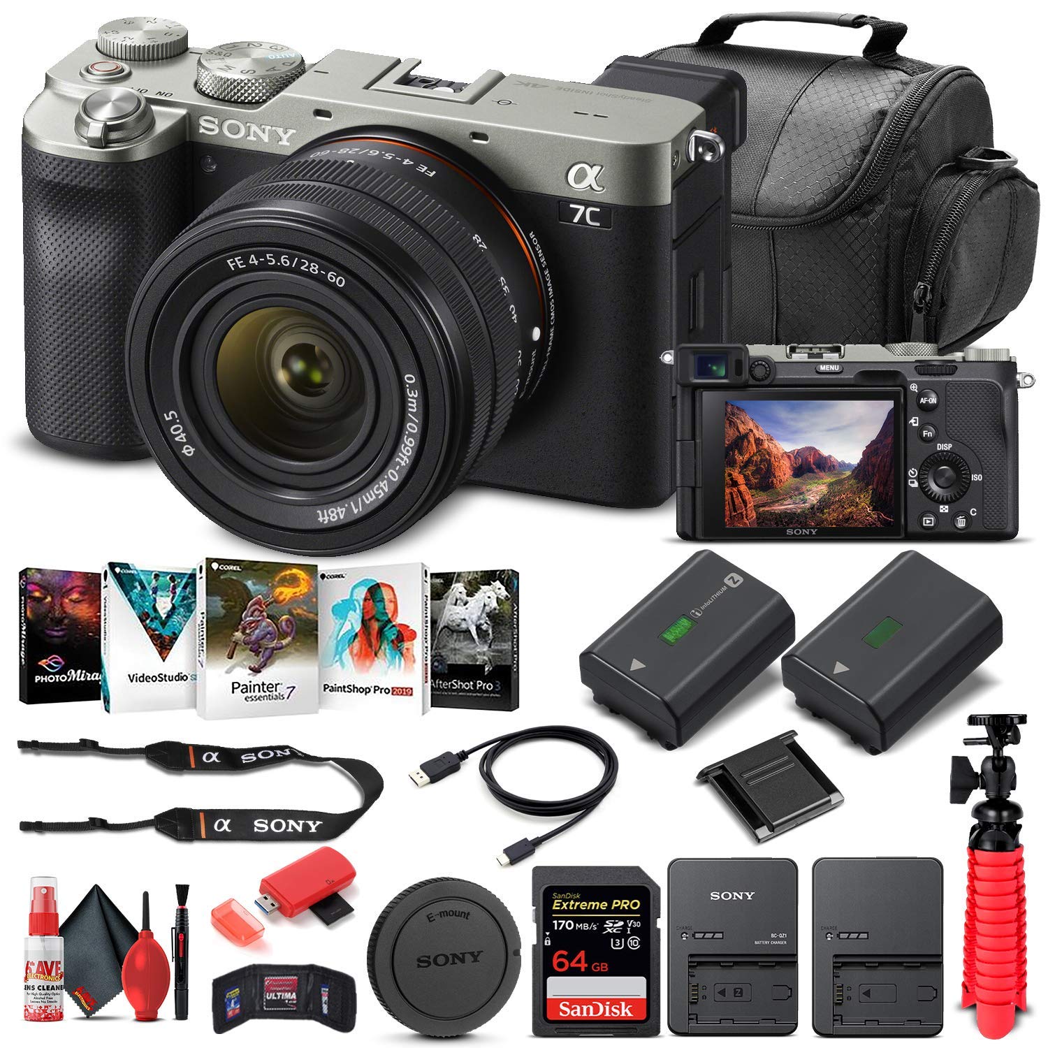 Sony Alpha a7C Mirrorless Digital Camera with 28-60mm Lens (Silver) (ILCE7CL/S) + 64GB Memory Card + NP-FZ-100 Battery + Corel Photo Software + Case + External Charger + Card Reader + More (Renewed)