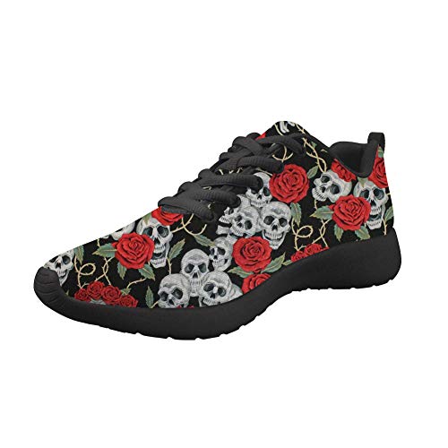 JEOCODY Floral Skull Pattern Sneaker Women Mens Running Sport Shoes Lightweight Trainers Flats