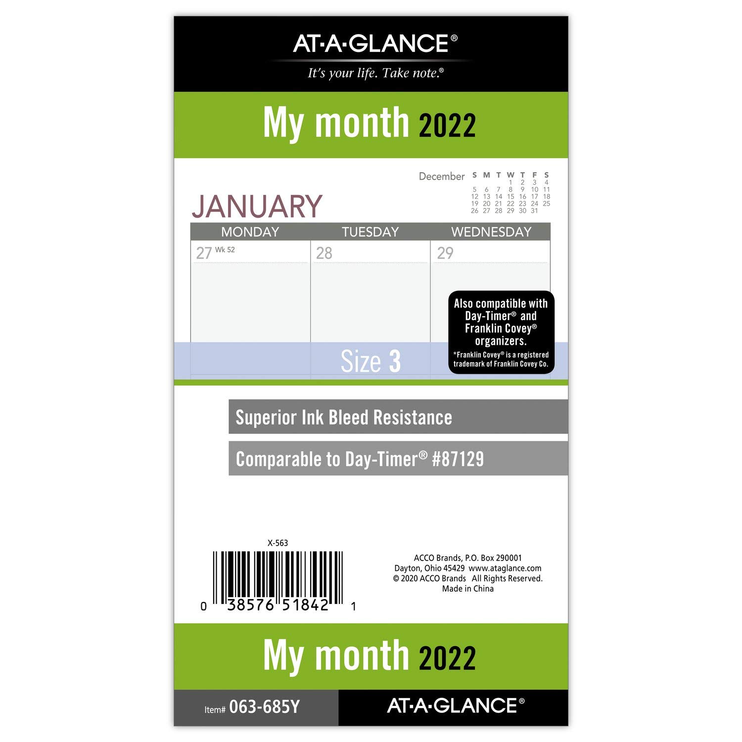 2022 Monthly Planner Refill by AT-A-GLANCE, 87129 Day-Timer, 3-3/4" x 6-3/4", Size 3 (063-685Y)