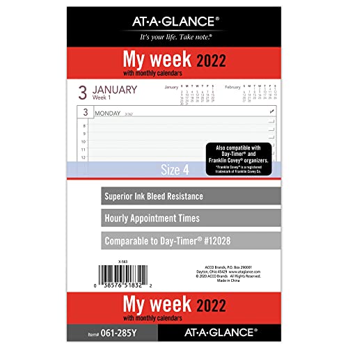 2022 Weekly Planner Refill by AT-A-GLANCE, 12028 DAY-TIMER, 5-1/2" x 8-1/2", Size 4 (061-285Y)