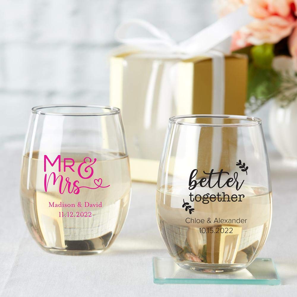 Kate Aspen 9 oz. Personalized Stemless Wine Glass - 36pcs/Silver - Custom Wedding Favors and Bridal Shower Party Favors with Customized Designs Text Lines