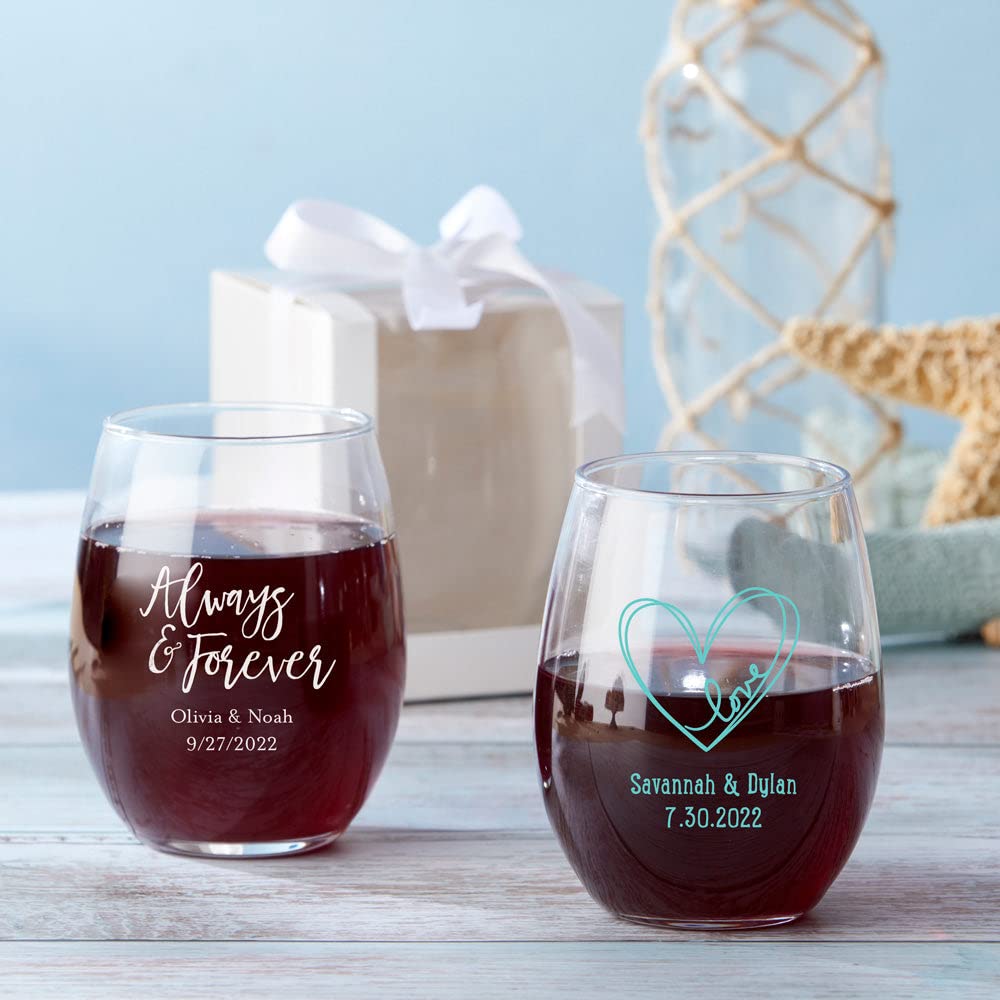 Kate Aspen 9 oz. Personalized Stemless Wine Glass - 36pcs/Silver - Custom Wedding Favors and Bridal Shower Party Favors with Customized Designs Text Lines