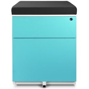 aurora mobile file cabinet 2-drawer metal with comfort seat cushion, lock key sliding drawer, fully assembled, ready to use, white/aqua blue