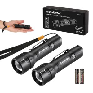 everbrite 2-pack 150 lumens super small mini led flashlight, zoomable flashlight with lanyard&clip, 3 modes, ipx4 waterproof, for camping hiking, emergency, edc, survival use, 2 aa batteries included