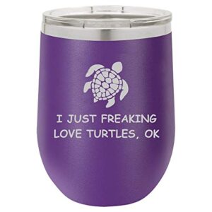 mip brand 12 oz double wall vacuum insulated stainless steel stemless wine tumbler glass coffee travel mug with lid i just freaking love turtles funny (purple)