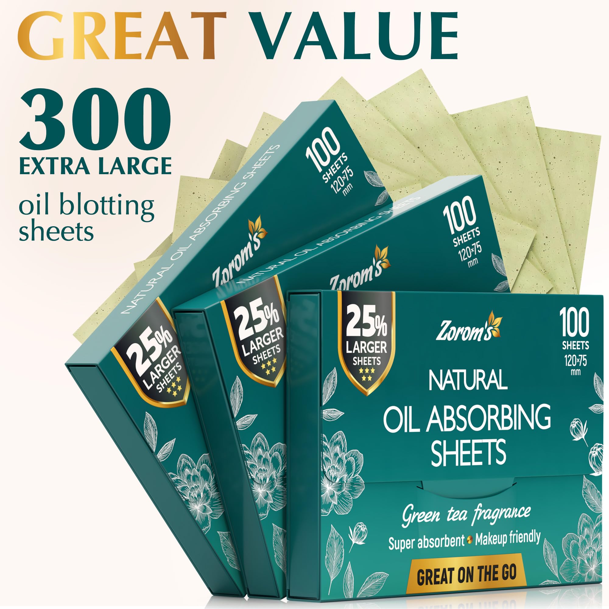Natural Green Tea Oil Blotting Sheets for Face - 25% Larger Sheets (4.7x3”) - 300 Makeup Friendly Blotting Papers for Face - Easy Dispensing Oil Absorbing Sheets for Face