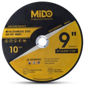 MIDO Professional Abrasive 10 Pack Cut Off Wheels 9 Inch Cutting Wheel 9” x .075” x 7/8” Metal&Stainless Steel Cutting Disc Fit for Angle Grinder