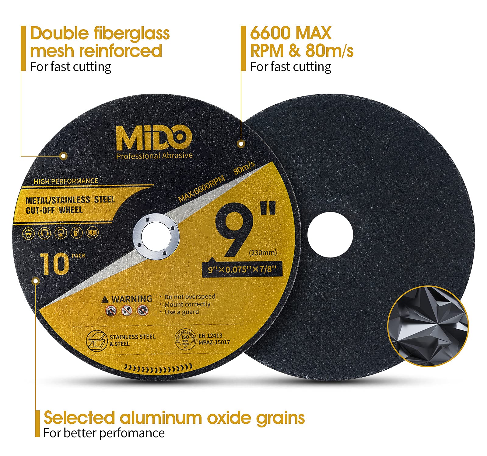 MIDO Professional Abrasive 10 Pack Cut Off Wheels 9 Inch Cutting Wheel 9” x .075” x 7/8” Metal&Stainless Steel Cutting Disc Fit for Angle Grinder