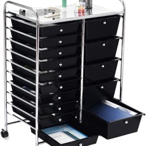 Giantex Rolling Storage Cart with 15 Drawers, Mobile Book Paper Organizer Tools Trolley with Wheels, Ideal for School, Office, Home (Black)