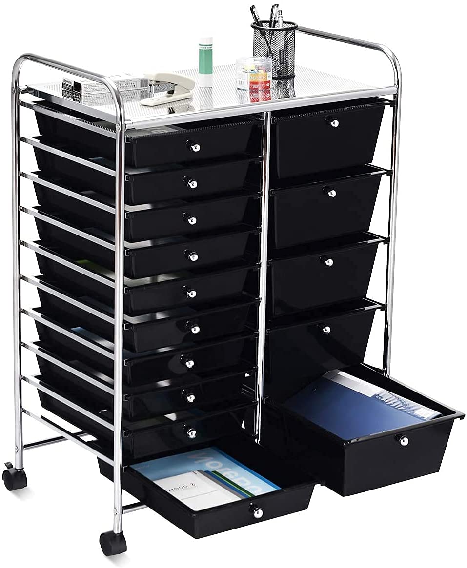 Giantex Rolling Storage Cart with 15 Drawers, Mobile Book Paper Organizer Tools Trolley with Wheels, Ideal for School, Office, Home (Black)