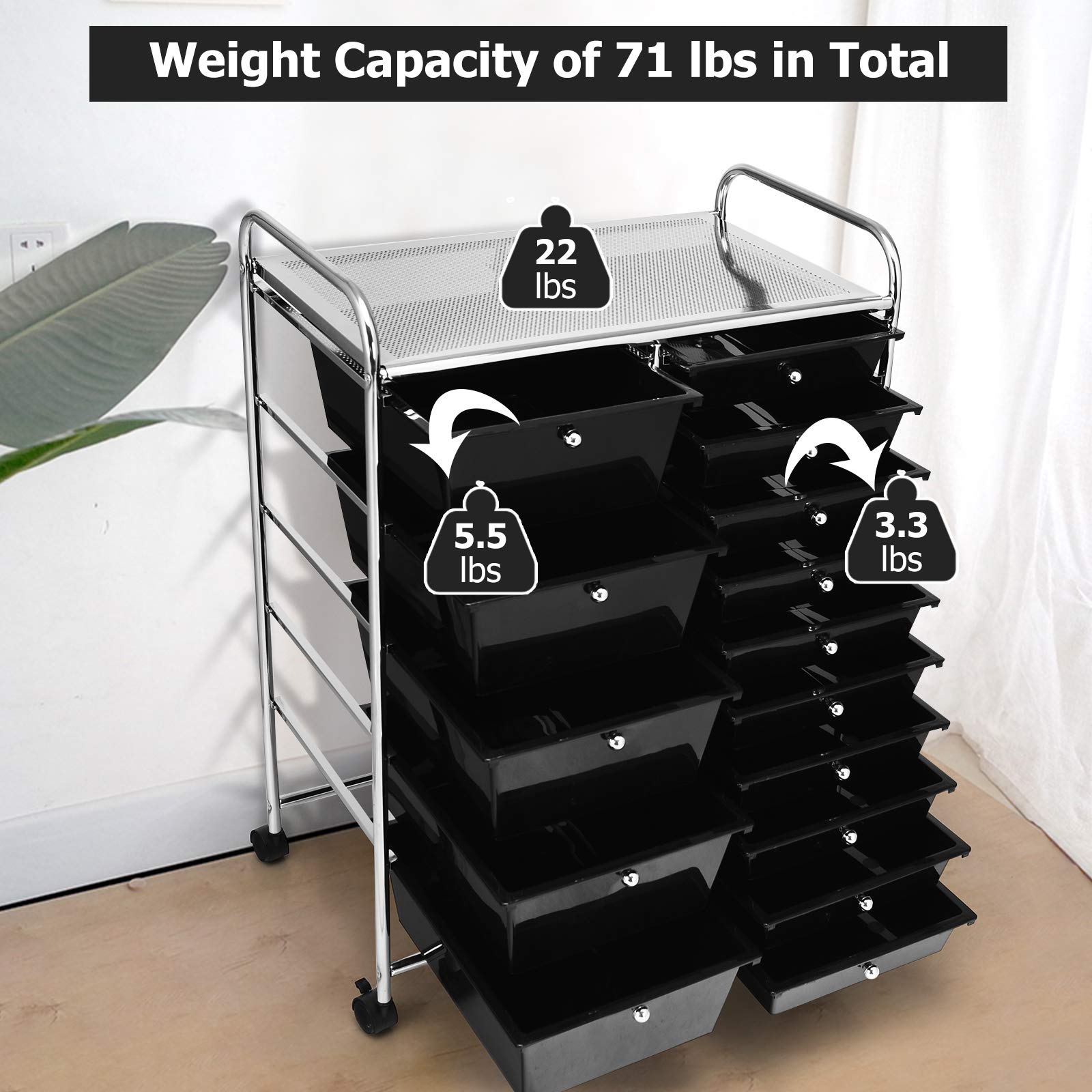 Giantex Rolling Storage Cart with 15 Drawers, Mobile Book Paper Organizer Tools Trolley with Wheels, Ideal for School, Office, Home (Black)