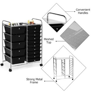 Giantex Rolling Storage Cart with 15 Drawers, Mobile Book Paper Organizer Tools Trolley with Wheels, Ideal for School, Office, Home (Black)